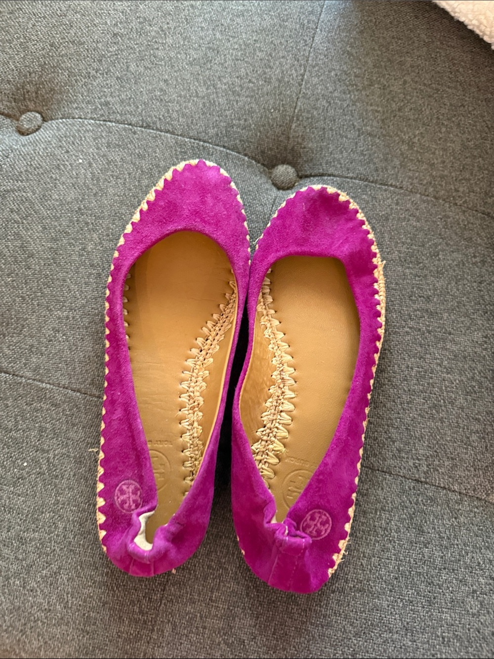 Tory Burch Fuchsia Suede Ballet Flats with Contrast Stitching